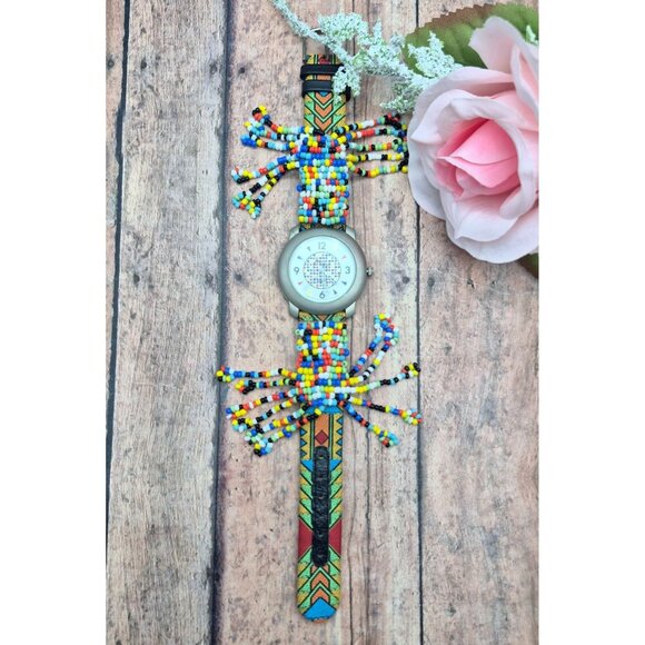 Leather Band Native Seed Bead Jacques Couture Watch Works New Battery Unique - Picture 2 of 9